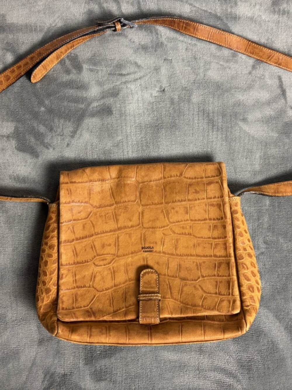 Vintage Bojola Firenze Croc Embossed Leather Crossbody Bag Brown Italian Y2K
